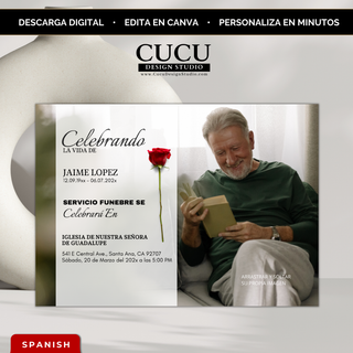Invitación de funeral editable en Canva con diseño elegante en tonos blancos y rosa roja, incluye foto del difunto, texto personalizado y estilo minimalista moderno, descarga digital inmediata en español / Editable funeral invitation Canva template with white elegant design and red rose, includes photo, custom text and modern minimal layout, instant digital download in Spanish