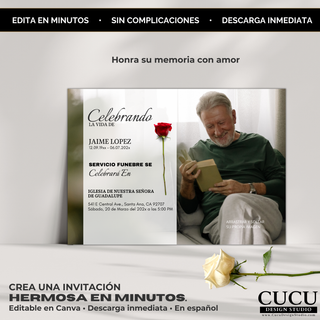 Plantilla de invitación de funeral en Canva fácil de editar, diseño limpio en blanco con rosa decorativa, ideal para crear un homenaje hermoso en minutos sin complicaciones, descarga instantánea / Easy to edit Canva funeral invitation template with clean white design and decorative rose, perfect to create a beautiful memorial in minutes, instant download