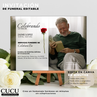 Invitación de funeral editable en español mostrada en caballete con flores elegantes, diseño moderno con foto y texto personalizable, ideal para memoriales y celebraciones de vida / Spanish editable funeral invitation displayed on stand with elegant flowers, modern design with photo and customizable text, ideal for memorials and celebration of life