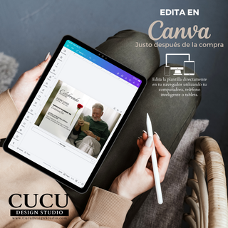 Plantilla de invitación de funeral editable en Canva desde celular, tablet o computadora, diseño fácil de usar sin experiencia, acceso inmediato después de comprar / Canva editable funeral invitation template shown on tablet, easy to use on phone, tablet or computer, no experience needed, instant access after purchase