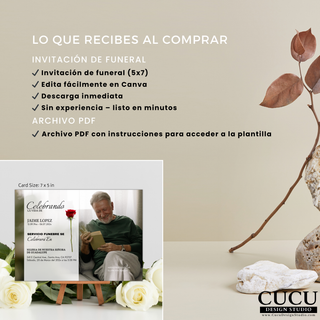 Invitación de funeral digital incluye plantilla 5x7 editable en Canva y archivo PDF con instrucciones, descarga inmediata, fácil personalización para crear homenaje significativo / Digital funeral invitation includes 5x7 Canva editable template and PDF instructions file, instant download, easy customization to create meaningful tribute