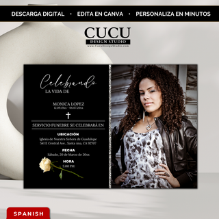 Invitación de funeral elegante en negro y blanco con foto personalizable, diseño moderno editable en Canva para honrar la memoria / Elegant black and white funeral invitation with customizable photo, modern Canva editable memorial template