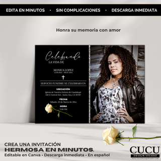 Plantilla de invitación de funeral mostrando diseño completo con foto y detalles del servicio, estilo minimalista y elegante / Funeral invitation template showing full layout with photo and service details, minimalist elegant design