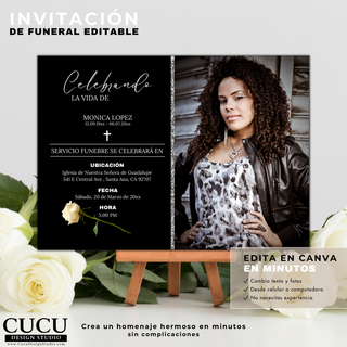 Invitación memorial con rosa blanca y presentación sobre base decorativa, plantilla editable en Canva lista para personalizar / Memorial invitation with white rose and decorative display, Canva editable template ready to customize