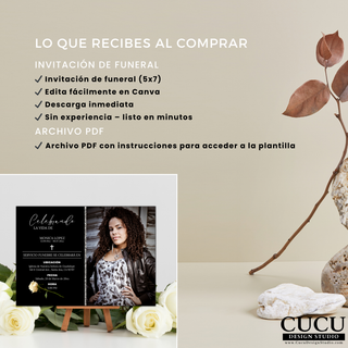 Detalles incluidos del producto como descarga digital, edición fácil y acceso inmediato en plantilla de funeral / Product features including digital download, easy editing and instant access for funeral template
