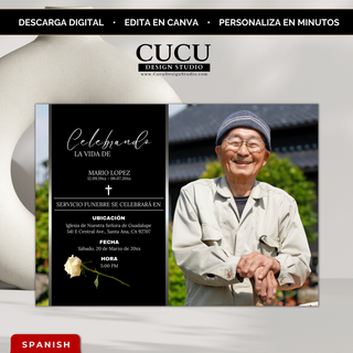 Invitación funeral elegante negro y dorado con foto de persona mayor sonriente, plantilla editable en Canva para memorial / Elegant black and gold funeral invitation with smiling elderly portrait, editable Canva memorial template