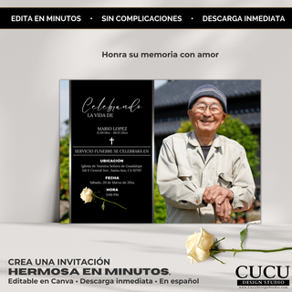Plantilla funeral con rosa blanca y diseño minimalista, invitación editable en Canva en español, descarga digital inmediata / Minimalist funeral template with white rose, Spanish editable Canva invitation, instant digital download