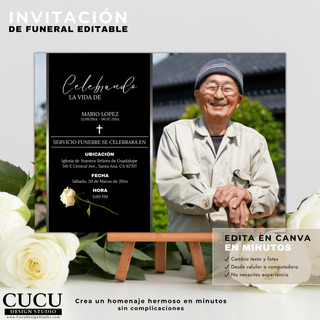 Invitación de funeral editable con diseño moderno negro, información de servicio y foto personalizada, fácil de editar en Canva / Modern black funeral invitation with service details and custom photo, easy to edit in Canva