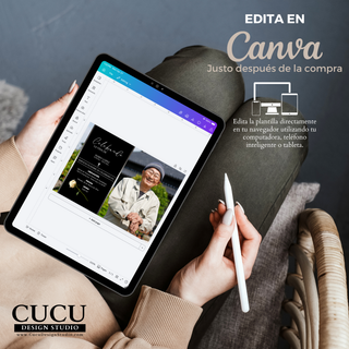 Vista de plantilla funeral en Canva desde tablet, edición fácil desde celular o computadora, invitación memorial digital / Canva funeral template shown on tablet, easy editing on phone or computer, digital memorial invitation