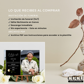 Detalles del producto plantilla funeral digital, incluye invitación editable y archivo PDF con instrucciones / Funeral digital template details, includes editable invitation and instruction PDF file
