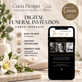 Digital product listing graphic for a Canva funeral invitation template. The image features a smartphone mockup displaying the invitation design, alongside marketing text highlighting key features like 'Easy to Edit in Canva', 'Instant Download', and 'Perfect Size for Most Smartphones'.