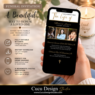 A hand holds a smartphone displaying a customized digital funeral invitation template. The invitation has a black background with elegant gold and white typography reading 'Celebrating The Life of' and placeholder portrait photos.