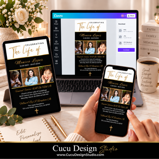 Digital invitation templates displayed on a laptop, tablet, and smartphone held in a hand, with a 'Cucu Design Studio' banner at the bottom. The templates feature a black and gold design with photos of a woman named Monica Lopez and event details.