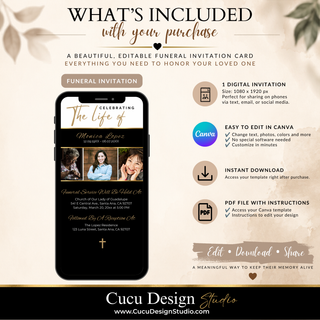 Promotional graphic for a digital Canva funeral invitation template, showing a smartphone mockup with a sample invitation design and text detailing what is included, features, and download instructions.