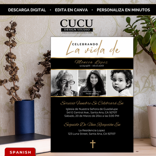 Plantilla de invitación de funeral elegante en Canva con diseño collage de fotos en blanco y negro con detalles dorados, perfecta para celebrar la vida y honrar a un ser querido, editable y descarga digital inmediata / Elegant funeral invitation template in Canva with black and white photo collage and gold accents, perfect for celebrating life and honoring a loved one, editable and instant digital download