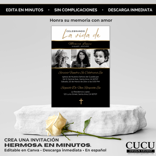 Invitación de funeral editable en Canva presentada sobre base de piedra con rosa blanca, diseño elegante en negro y dorado, ideal para memorial o celebración de vida, descarga inmediata en español /
Editable funeral invitation displayed on stone base with white rose, elegant black and gold design, ideal for memorial or celebration of life, instant download in Spanish