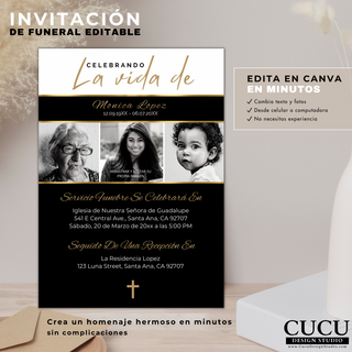 Plantilla de invitación de funeral editable en Canva con funciones fáciles de usar, permite agregar fotos y texto, editar desde celular o computadora sin experiencia en minutos / Editable funeral invitation template in Canva with easy features, allowing you to add photos and text, edit from phone or computer with no experience in minutes