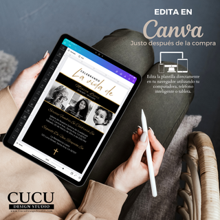Plantilla de invitación de funeral siendo editada en Canva desde una tablet, mostrando cómo personalizar fotos y texto fácilmente después de la compra, acceso inmediato / Funeral invitation template being edited in Canva on a tablet, showing how to customize photos and text easily after purchase with instant access