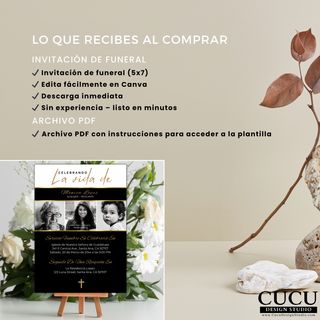 Detalle de lo que incluye la compra de la plantilla de funeral en Canva, invitación editable tamaño 5x7 con descarga digital y archivo PDF con instrucciones paso a paso / Details of what is included in the Canva funeral template purchase, editable 5x7 invitation with digital download and PDF file with step-by-step instructions