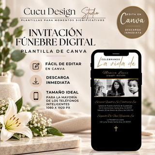Invitación fúnebre digital editable en Canva, mostrada en un teléfono móvil, con diseño elegante en negro y dorado, fotografías de tres generaciones y detalles para el servicio funerario. Plantilla de 1080 x 1920 px con descarga inmediata.