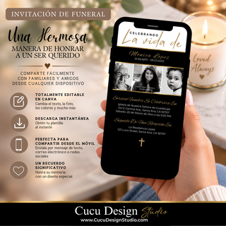 Invitación de funeral digital mostrada en un teléfono móvil, con diseño negro y dorado, fotografías familiares y detalles del servicio funerario. Editable en Canva y diseñada para compartir fácilmente desde cualquier dispositivo.