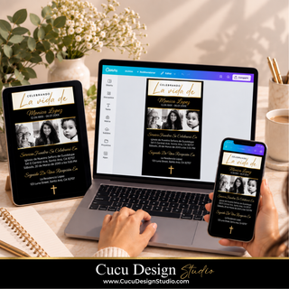 Plantilla de invitación fúnebre digital mostrada en teléfono, tableta y computadora. Diseño negro y dorado editable en Canva, con fotografías familiares e información del servicio funerario.