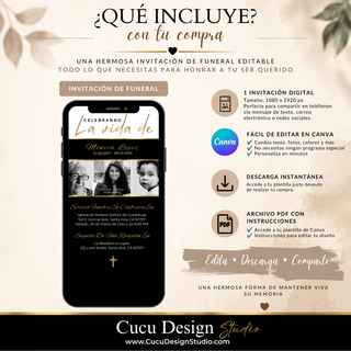 Qué incluye la invitación digital para funeral: plantilla de 1080 x 1920 px editable en Canva, descarga instantánea y archivo PDF con instrucciones para personalizar y compartir el diseño.