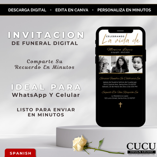Invitación funeral digital elegante negro y dorado editable en Canva, diseño moderno listo para enviar por WhatsApp con fotos familiares y detalles del servicio / Elegant black and gold digital funeral invitation editable in Canva, modern design ready to send via WhatsApp with family photos and service details