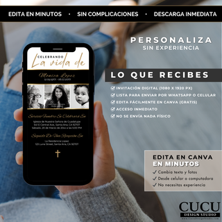 Plantilla invitación funeral para celular con diseño sofisticado, fácil de editar en Canva sin experiencia, ideal para compartir al instante / Funeral invitation template for mobile with sophisticated design, easy to edit in Canva with no experience, perfect for instant sharing