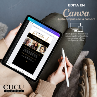 Edición en Canva desde tablet mostrando invitación funeral digital personalizable con fotos, texto y detalles del servicio en minutos / Canva editing on tablet showing customizable digital funeral invitation with photos, text and service details in minutes