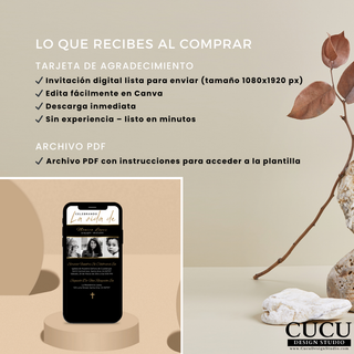 Invitación funeral digital tamaño 1080x1920 lista para enviar, descarga inmediata, diseño elegante negro dorado para homenajes / Digital funeral invitation size 1080x1920 ready to send, instant download, elegant black gold design for memorials