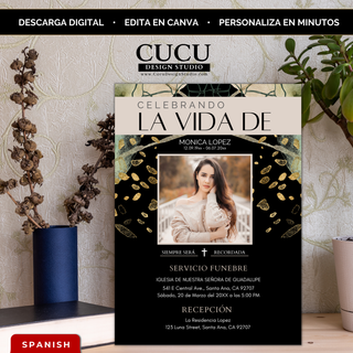 Invitación de funeral elegante en tonos negro y dorado con detalles dorados y fondo neutro, plantilla editable en Canva con foto personalizada, ideal para honrar la memoria con un diseño sofisticado, descarga digital inmediata / Elegant funeral invitation in black and gold tones with decorative gold accents and neutral background, editable Canva template with personalized photo, perfect to honor a loved one with a sophisticated design, instant digital download
