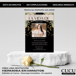 Invitación de funeral moderna presentada sobre base con rosa blanca, diseño negro y dorado elegante, plantilla editable en Canva para crear un homenaje hermoso en minutos, descarga inmediata en español / Modern funeral invitation displayed on pedestal with white rose, elegant black and gold design, editable Canva template to create a beautiful tribute in minutes, instant download in Spanish