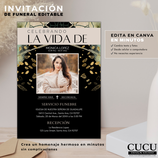 Plantilla de invitación de funeral editable en Canva con diseño negro y dorado, fácil de personalizar cambiando texto y fotos, ideal para imprimir o compartir digitalmente sin experiencia, descarga instantánea / Editable funeral invitation template in Canva with black and gold design, easy to customize text and photos, perfect for printing or sharing digitally with no experience, instant download