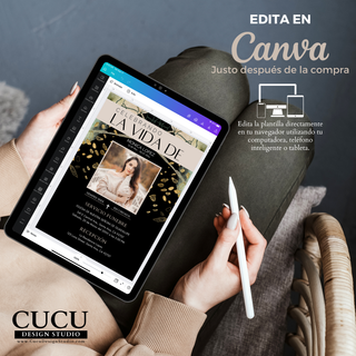 Plantilla de invitación de funeral editándose en Canva desde tablet, diseño elegante negro y dorado con detalles dorados, fácil de usar en celular, computadora o tablet, acceso inmediato después de la compra / Funeral invitation template being edited in Canva on tablet, elegant black and gold design with gold accents, easy to use on phone, computer or tablet, instant access after purchase
