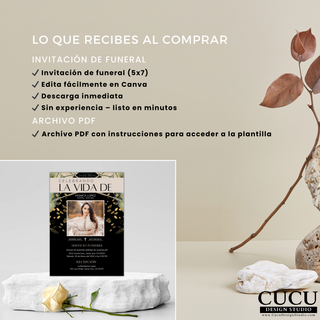Contenido incluido en plantilla de invitación de funeral editable en Canva, invitación tamaño 5x7, descarga digital inmediata y archivo PDF con instrucciones para acceder fácilmente a la plantilla / What’s included in editable funeral invitation template in Canva, 5x7 invitation, instant digital download and PDF file with instructions to easily access the template