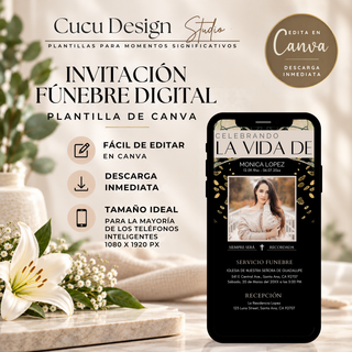 Invitación fúnebre digital editable en Canva, mostrada en una computadora portátil, tableta y teléfono celular, con diseño negro y dorado, fotografía central y detalles botánicos.