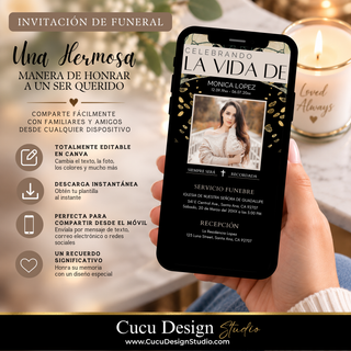 Invitación fúnebre digital en formato móvil con diseño elegante en negro y dorado, fotografía de la persona homenajeada y datos del servicio funerario, presentada en un teléfono sostenido con la mano.