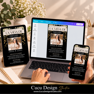 Plantilla de invitación fúnebre digital editable en Canva, mostrada en computadora portátil, tableta y teléfono, con diseño negro y dorado y fotografía personalizada.
