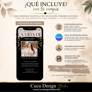 Detalles de lo que incluye la plantilla de invitación fúnebre digital: diseño editable en Canva, formato de 1080 x 1920 píxeles, descarga instantánea y archivo PDF con instrucciones.
