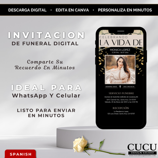 Invitación digital de funeral elegante en negro y dorado editable en Canva, diseño para WhatsApp con foto y detalles del servicio / Elegant black and gold digital funeral invitation editable in Canva, mobile design for WhatsApp with photo and service details