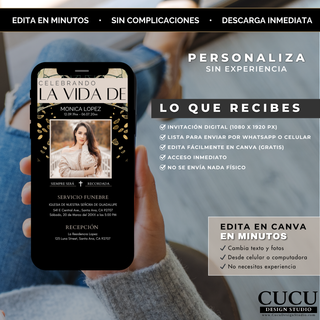 Plantilla de invitación funeral para celular con diseño sofisticado, fácil de editar y lista para enviar en minutos / Funeral invitation template for smartphone with elegant design, easy to edit and ready to send in minutes