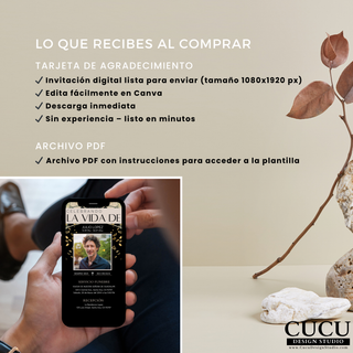 Detalle de lo que recibes plantilla digital funeral, invitación lista para enviar y archivo PDF con instrucciones / What you receive digital funeral template, ready-to-send invitation and PDF instructions included