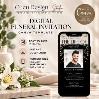 Promotional graphic for a digital funeral invitation Canva template by Cucu Design Studio. The image shows a smartphone mockup displaying a black invitation design with gold foil-like accents and placeholder photo, alongside marketing text such as 'Digital Funeral Invitation Canva Template,' 'Easy to Edit in Canva,' 'Instant Download,' and 'Perfect Size for Most Smartphones 1080 x 1920 px.