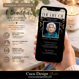 A hand holds a smartphone displaying a digital funeral invitation template with a portrait of an elderly woman and gold leaf accents. The left side includes marketing text and icons for features like editable Canva templates and instant download.