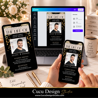 Digital funeral service invitation templates displayed on a laptop, tablet, and smartphone held by a hand, with a mug reading 'Good Design Makes Memories' in the background. Branding for Cucu Design Studio is visible at the bottom.