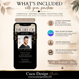 Promotional graphic for a digital Canva funeral invitation template, showing a smartphone mockup with the invitation design and text detailing what is included: a digital invitation, easy editing in Canva, instant download, and PDF file with instructions. Brand name Cucu Design Studio is visible at the bottom.