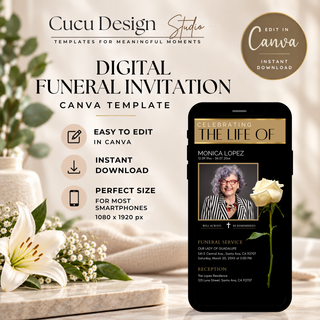 Digital Funeral Invitation Canva template shown on a smartphone mockup, with promotional text reading 'Digital Funeral Invitation Canva Template,' 'Easy to Edit in Canva,' 'Instant Download,' and 'Perfect Size for Most Smartphones 1080 x 1920 px.' The scene includes a phone, flowers, and a soft beige background, and a Canva badge says 'Edit in Canva Instant Download.