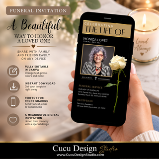 A promotional graphic for a digital funeral invitation template. The left side features text and icons describing the template's features, such as fully editable in Canva, instant download, and perfect for phone sharing.