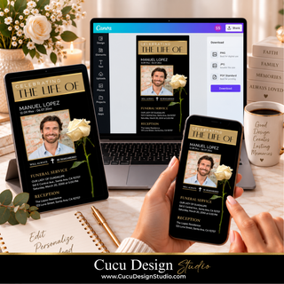 Digital funeral invitation template shown on a laptop, tablet, and smartphone held in hands, with a Canva editor interface visible. The design features a black background, gold typography, a portrait photo, and a white rose.